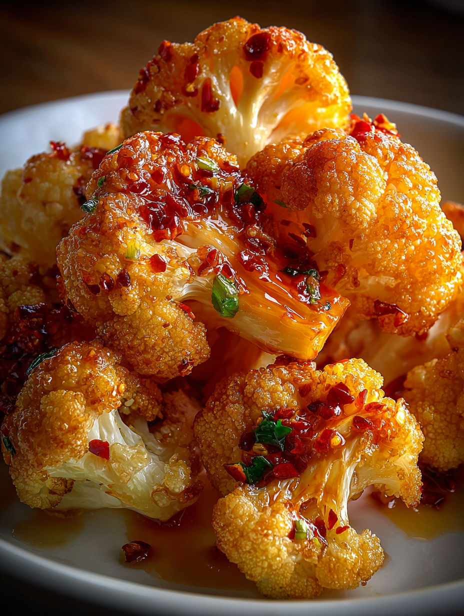 A plate of baked cauliflower with a sweet and spicy sauce.