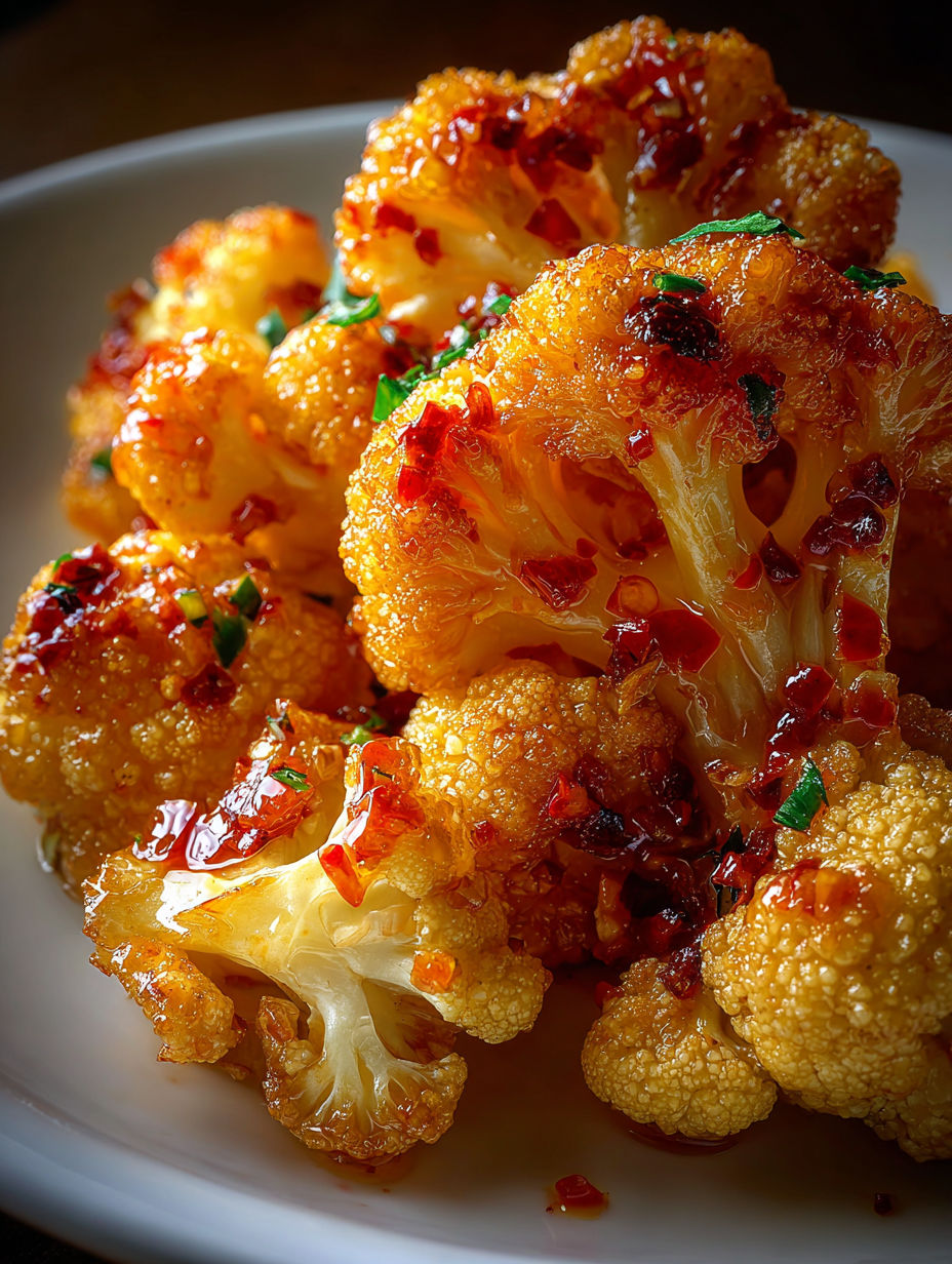 A plate of baked cauliflower with a spicy sauce.