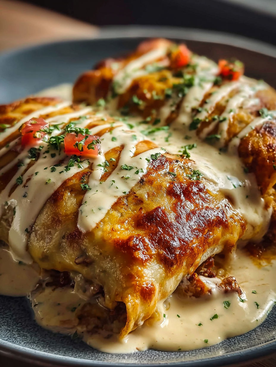 A plate of cheesy chicken enchiladas with creamy sauce.