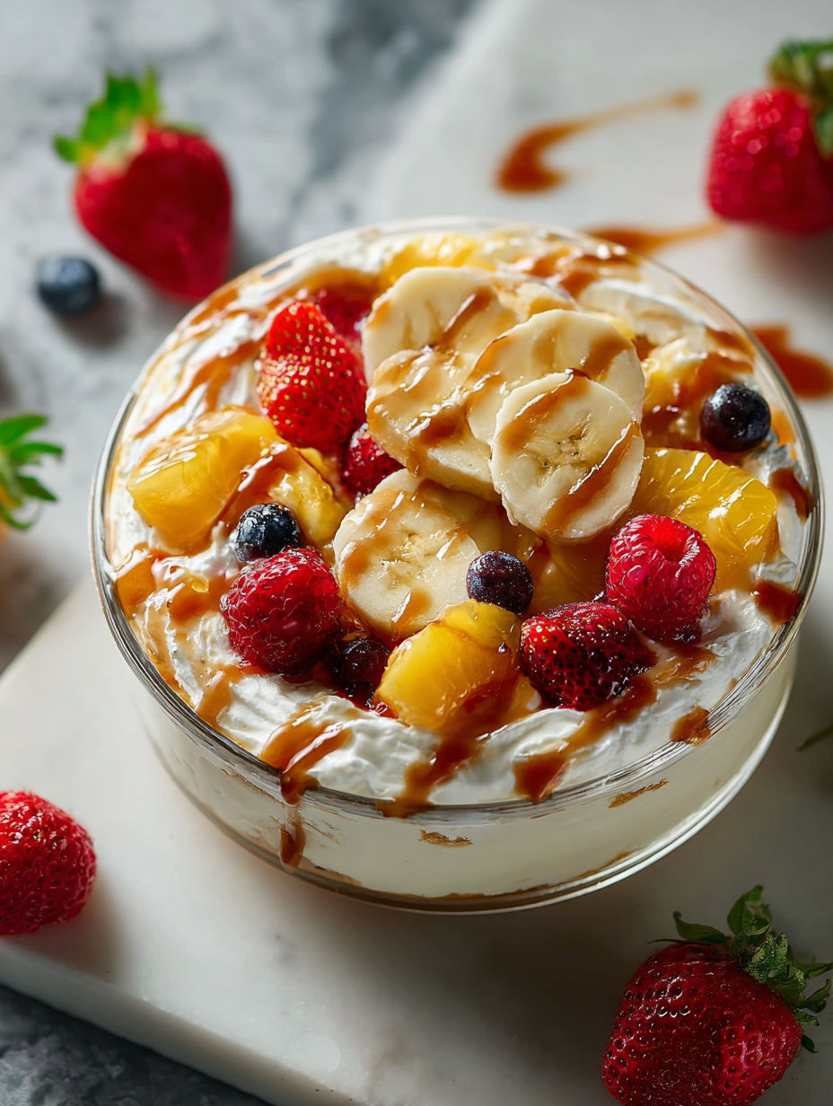 A bowl of fruit salad with bananas and strawberries.