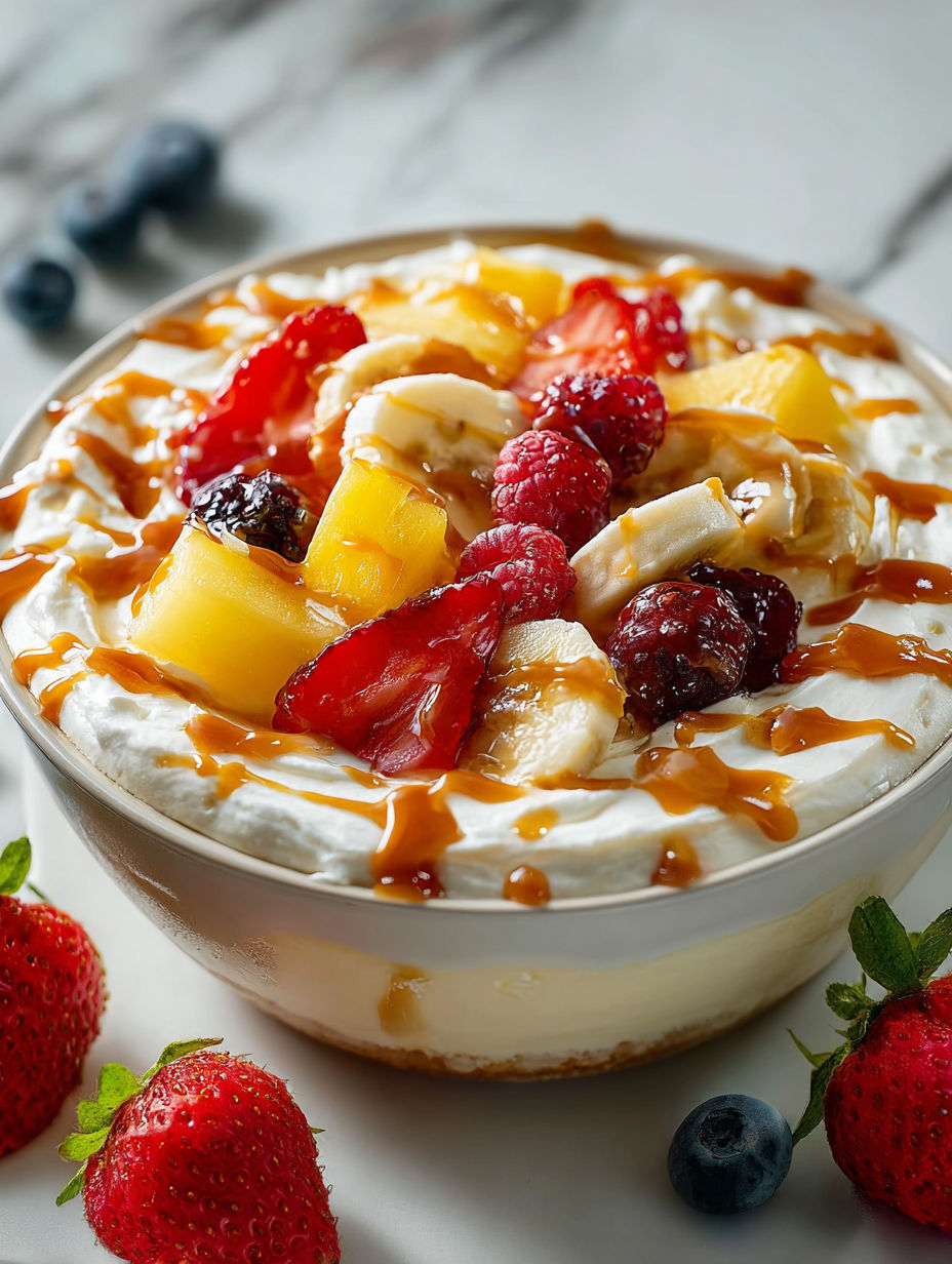 A bowl of fruit salad with bananas, strawberries, and blueberries.