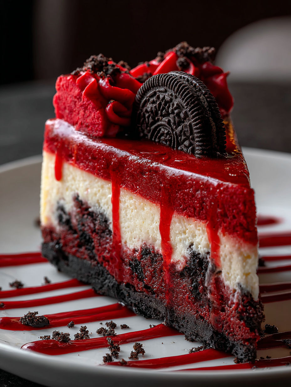 A slice of red velvet Oreo cheesecake.