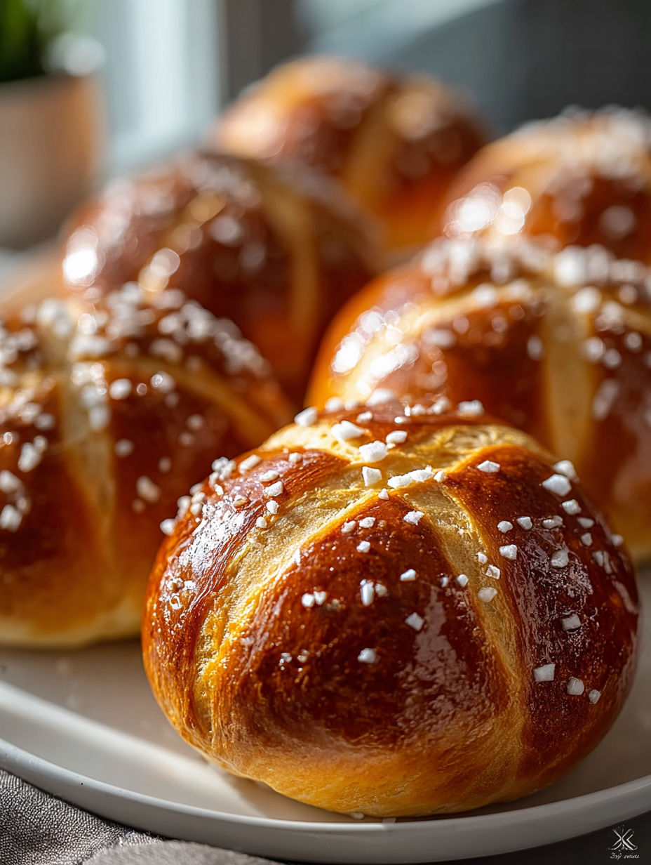 Soft pretzel buns with a dusting of sugar.
