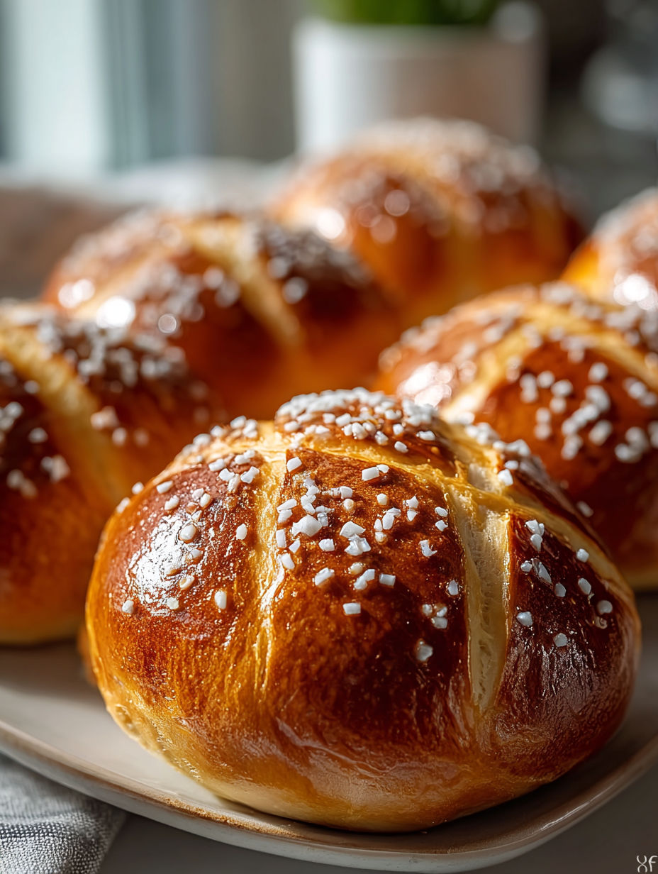 A plate of soft pretzel buns.
