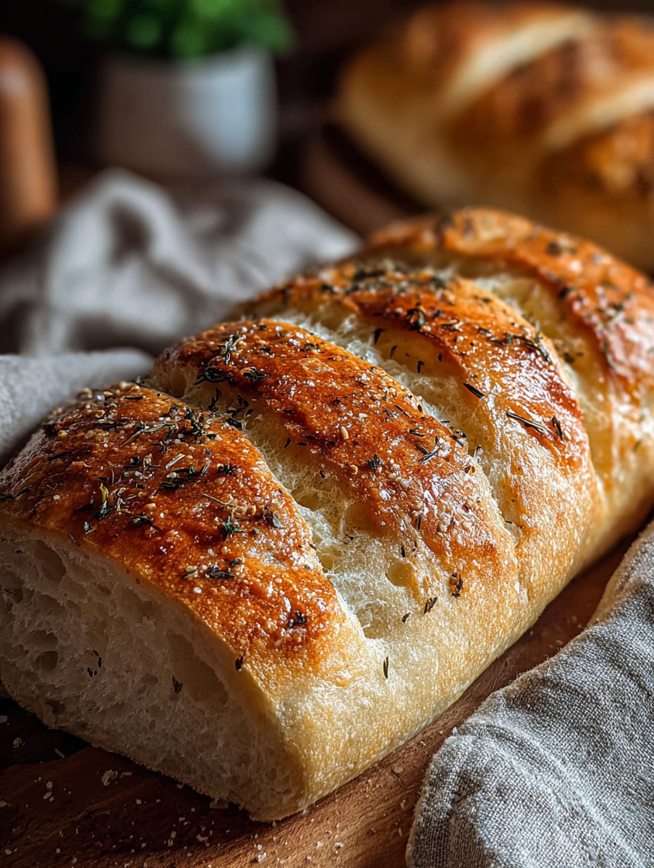 A loaf of bread with herbs on top.