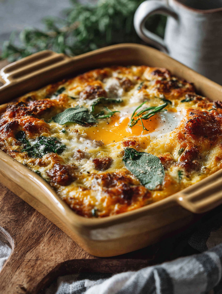 A Turkey and Egg Breakfast Casserole in a yellow dish.