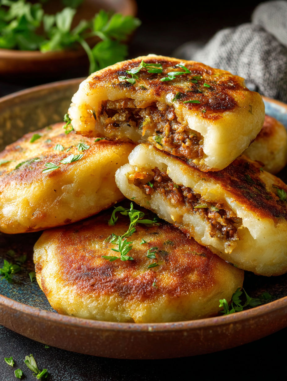 A plate of stuffed potato cakes with meat and mushrooms.
