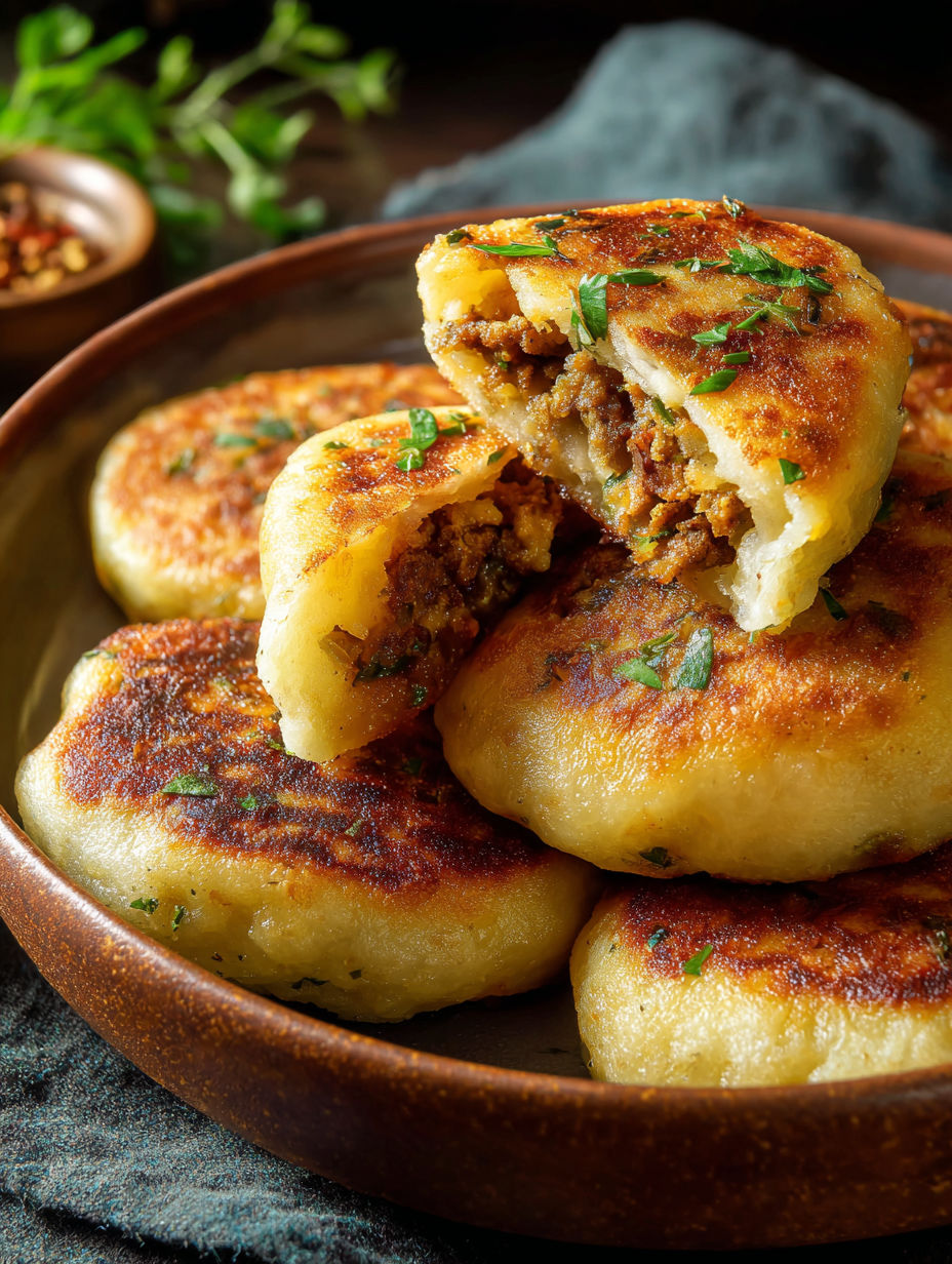 A plate of stuffed potato cakes with meat and mushrooms.