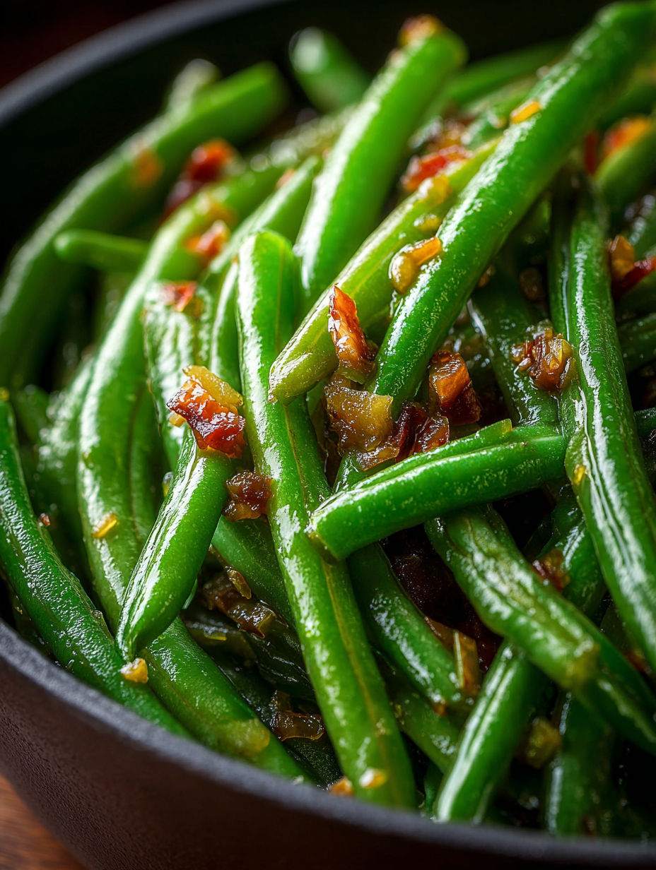 A bowl of green beans with sauce.
