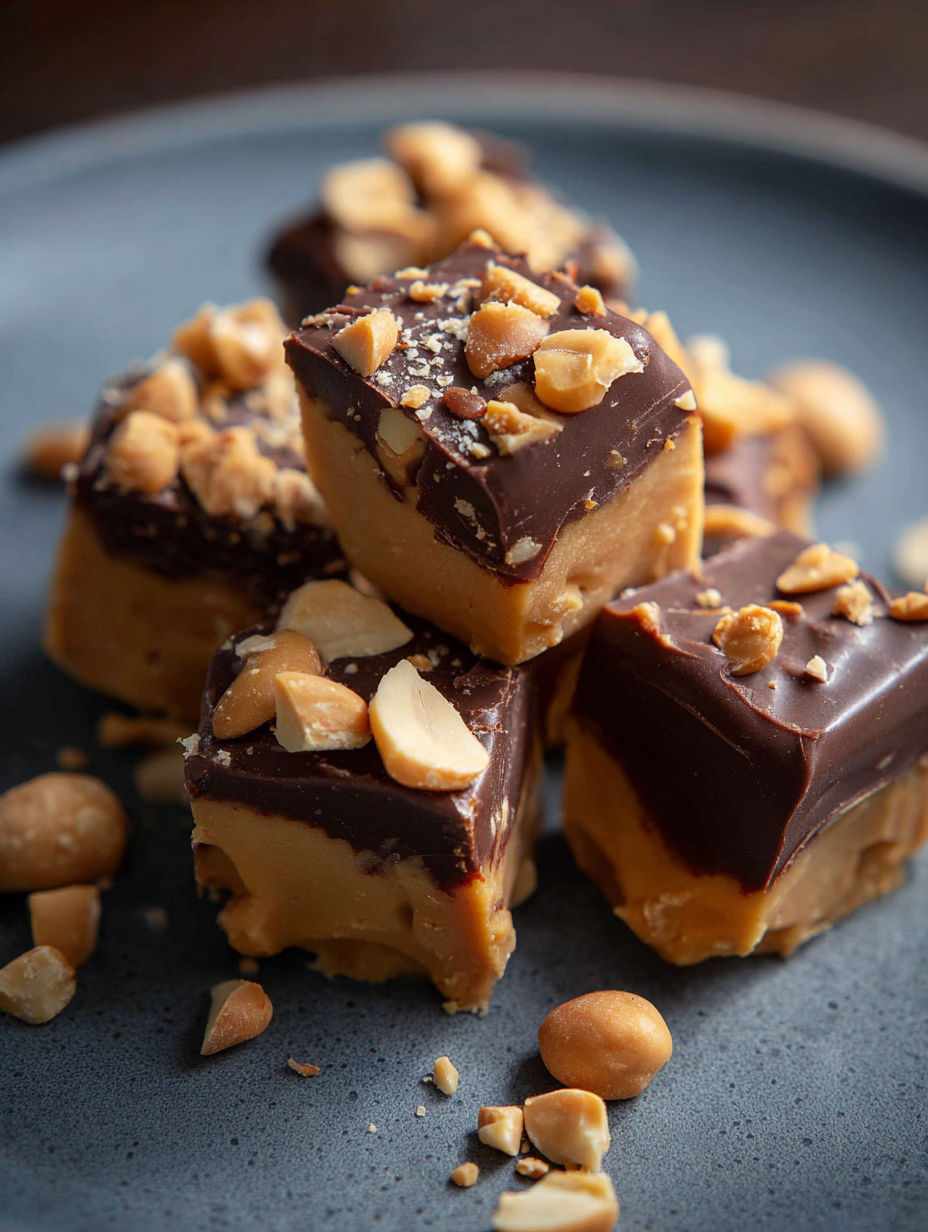 A plate of healthier no bake snickers bites.