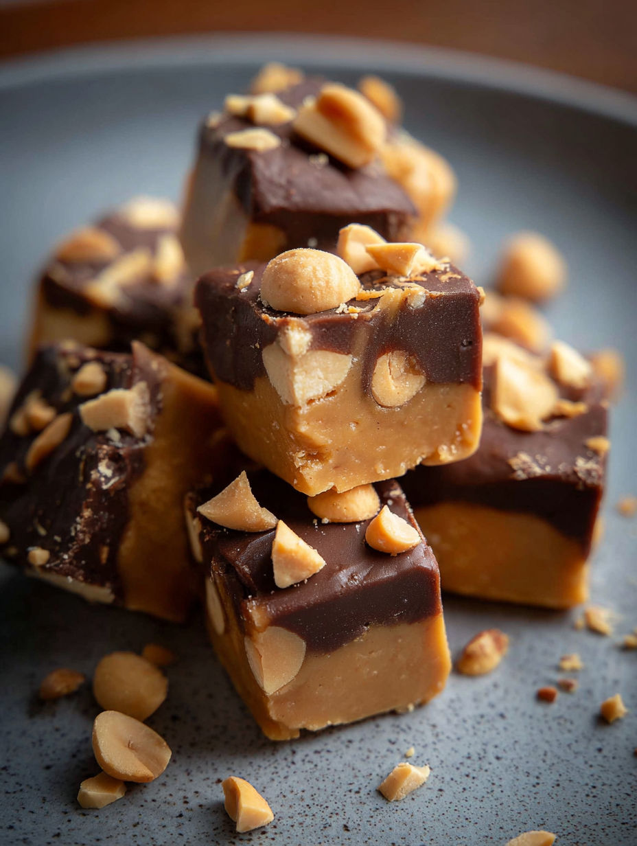 A plate of chocolate and peanut butter squares.