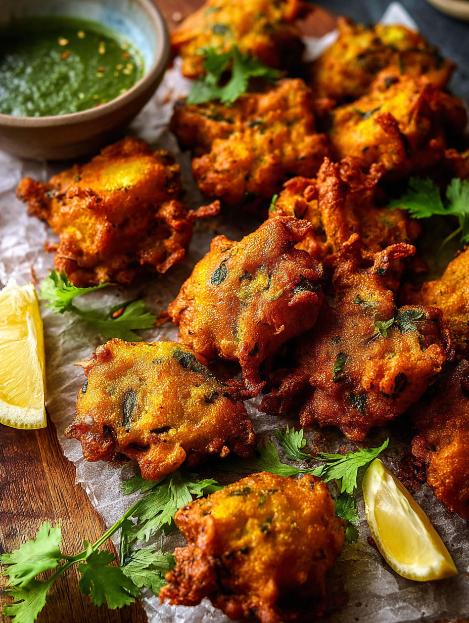 A plate of fried food with a lemon wedge on the side.