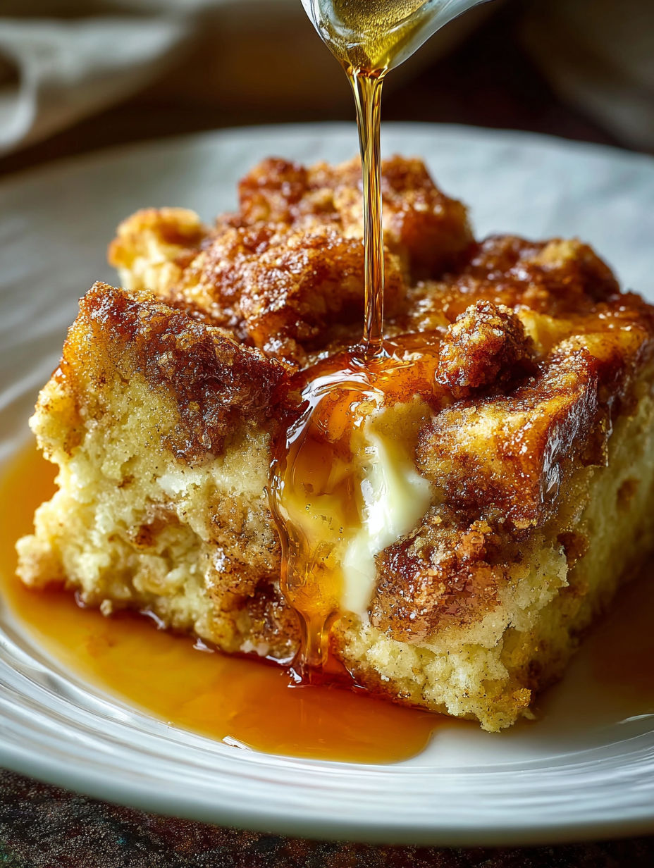 A slice of French toast with syrup drizzled on top.