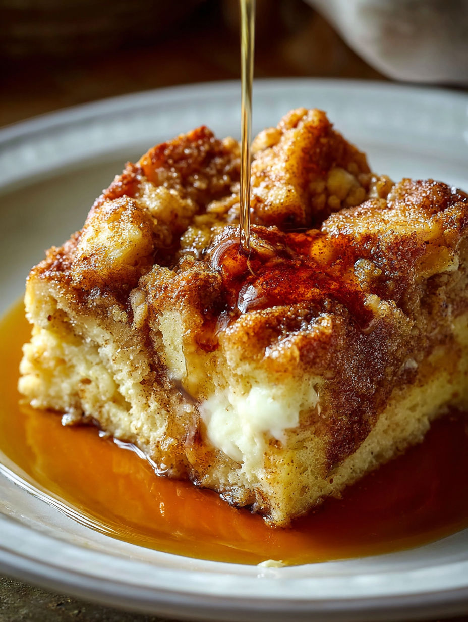 A slice of Keto French Toast Casserole with syrup drizzled on top.