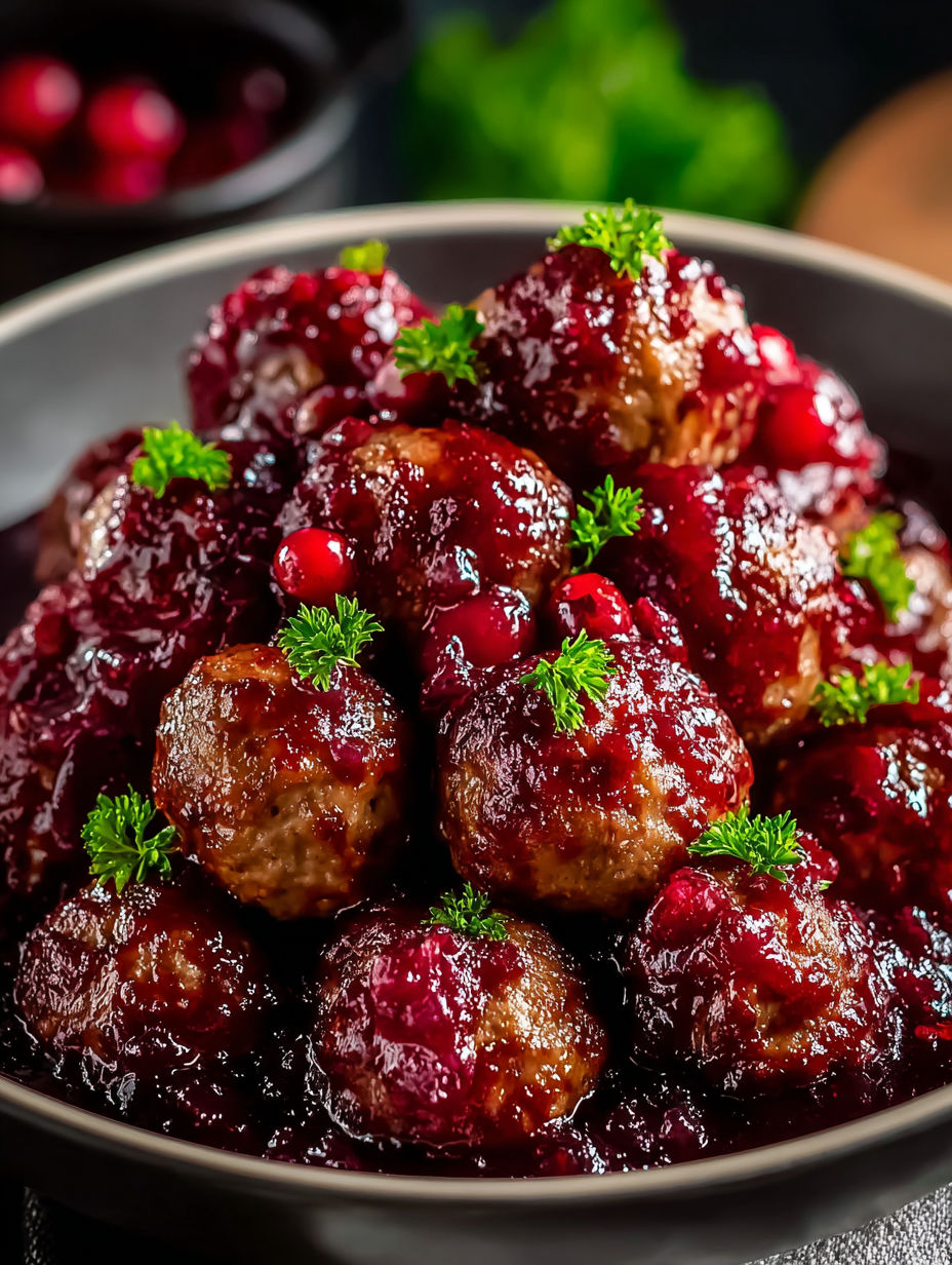 A bowl of meatballs with cranberry sauce.