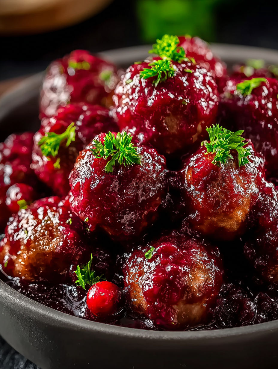 A bowl of meatballs with cranberry sauce.