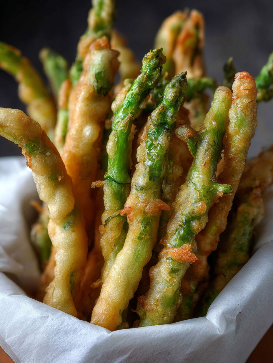 A plate of beer-battered asparagus.