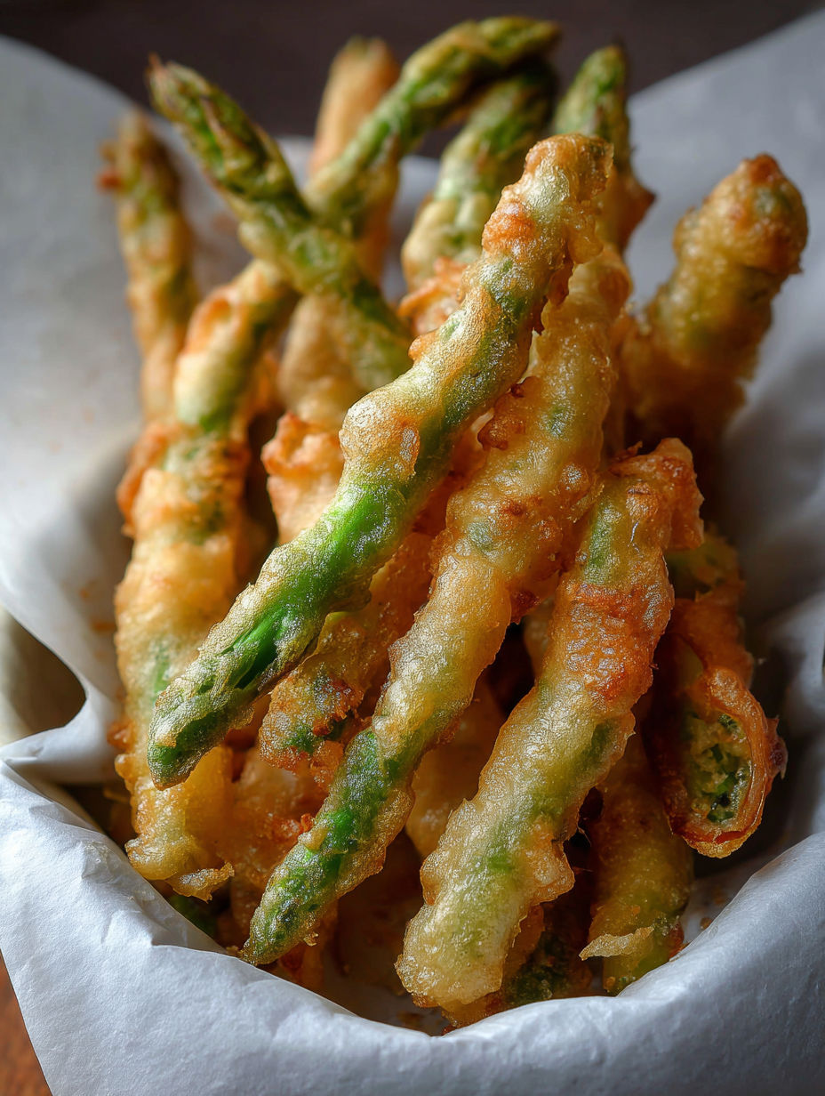 A plate of beer-battered asparagus.