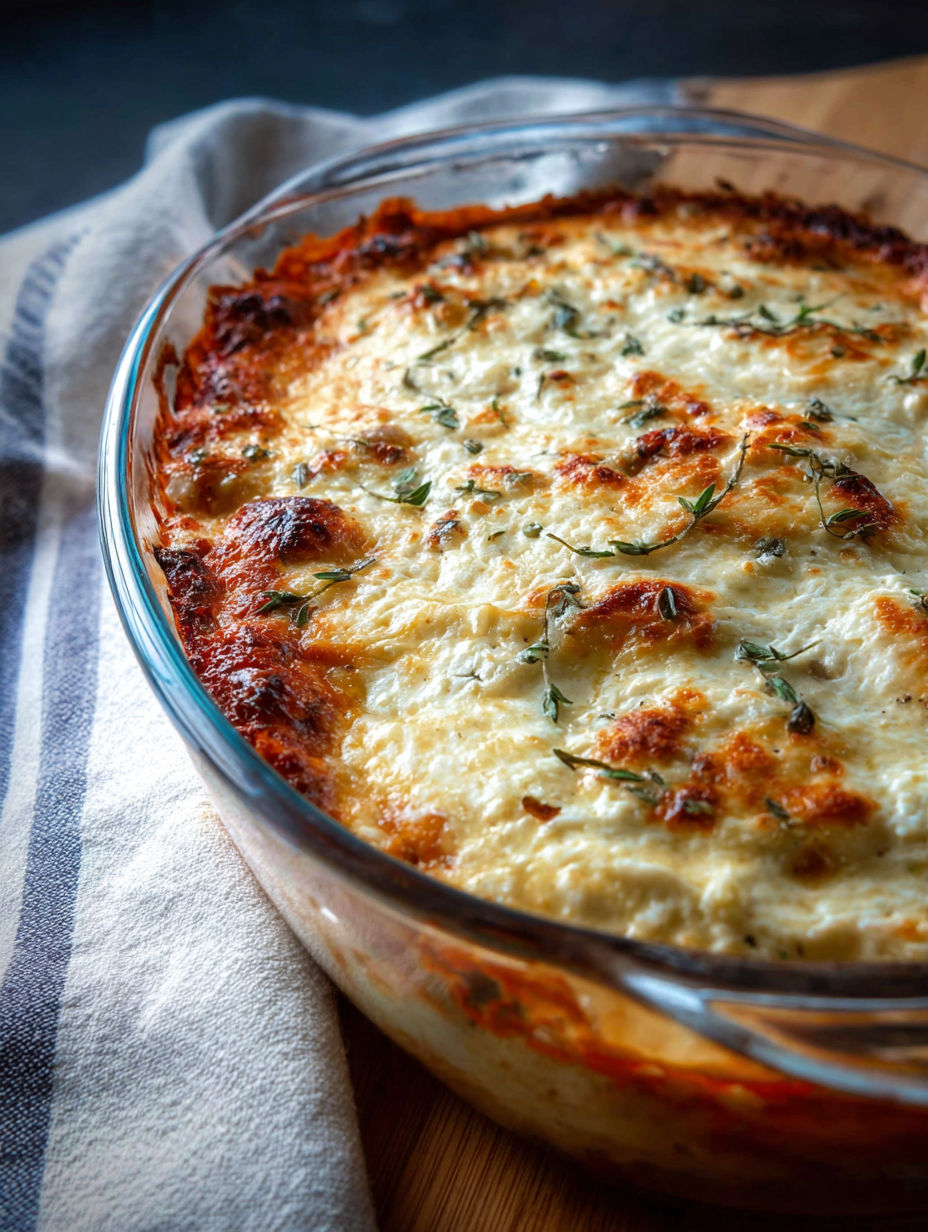 A beef ricotta casserole in a glass bowl.