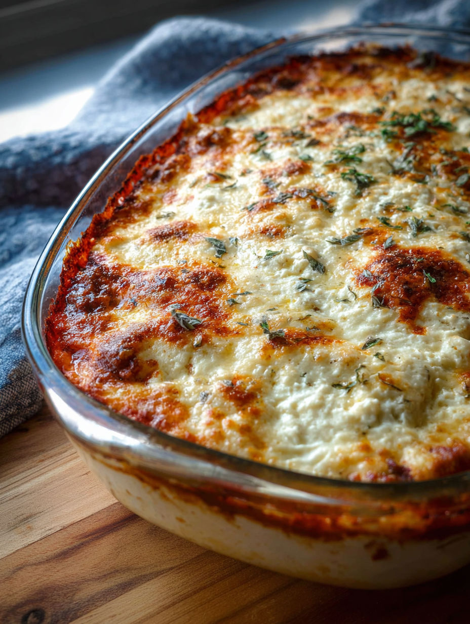 A beef ricotta casserole in a glass dish.