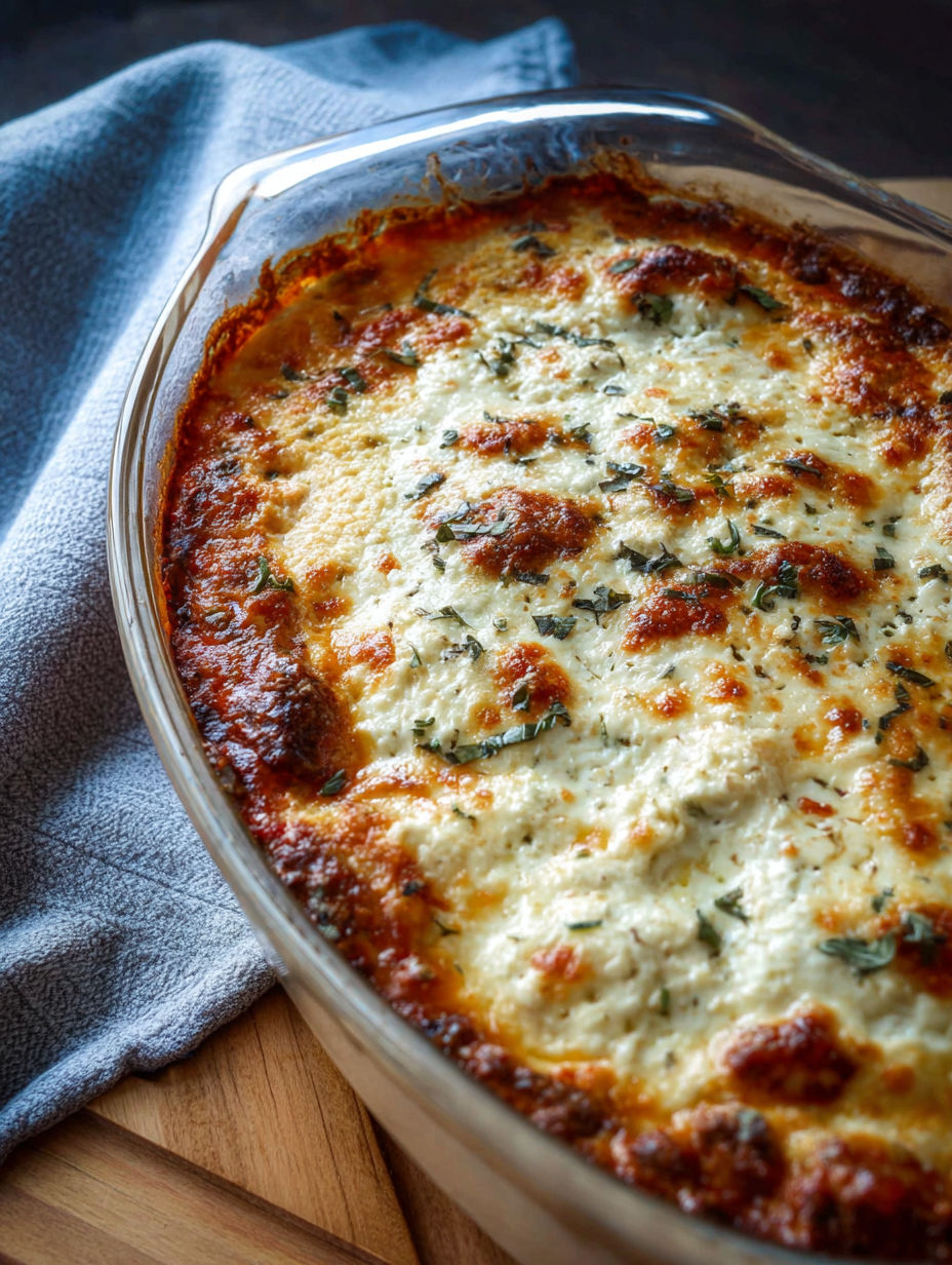 A close up of a beef ricotta casserole.