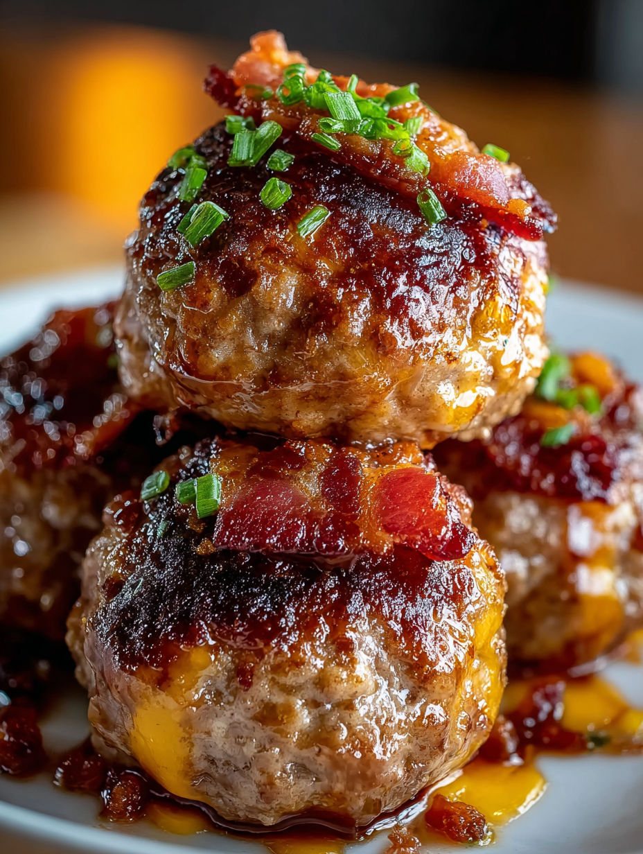 A plate of meatballs with bacon and cheese.