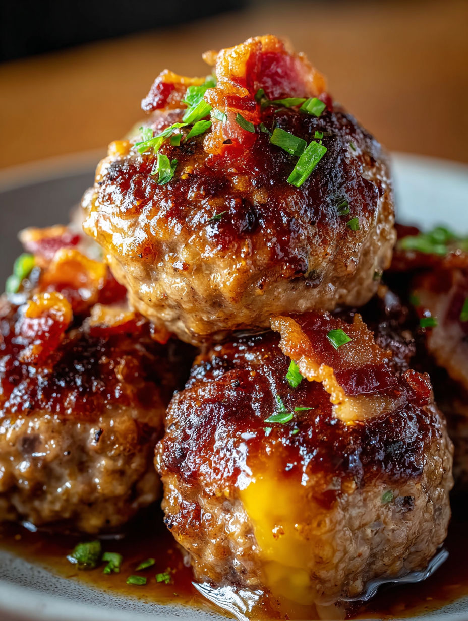 A plate of meatballs with bacon and cheese.