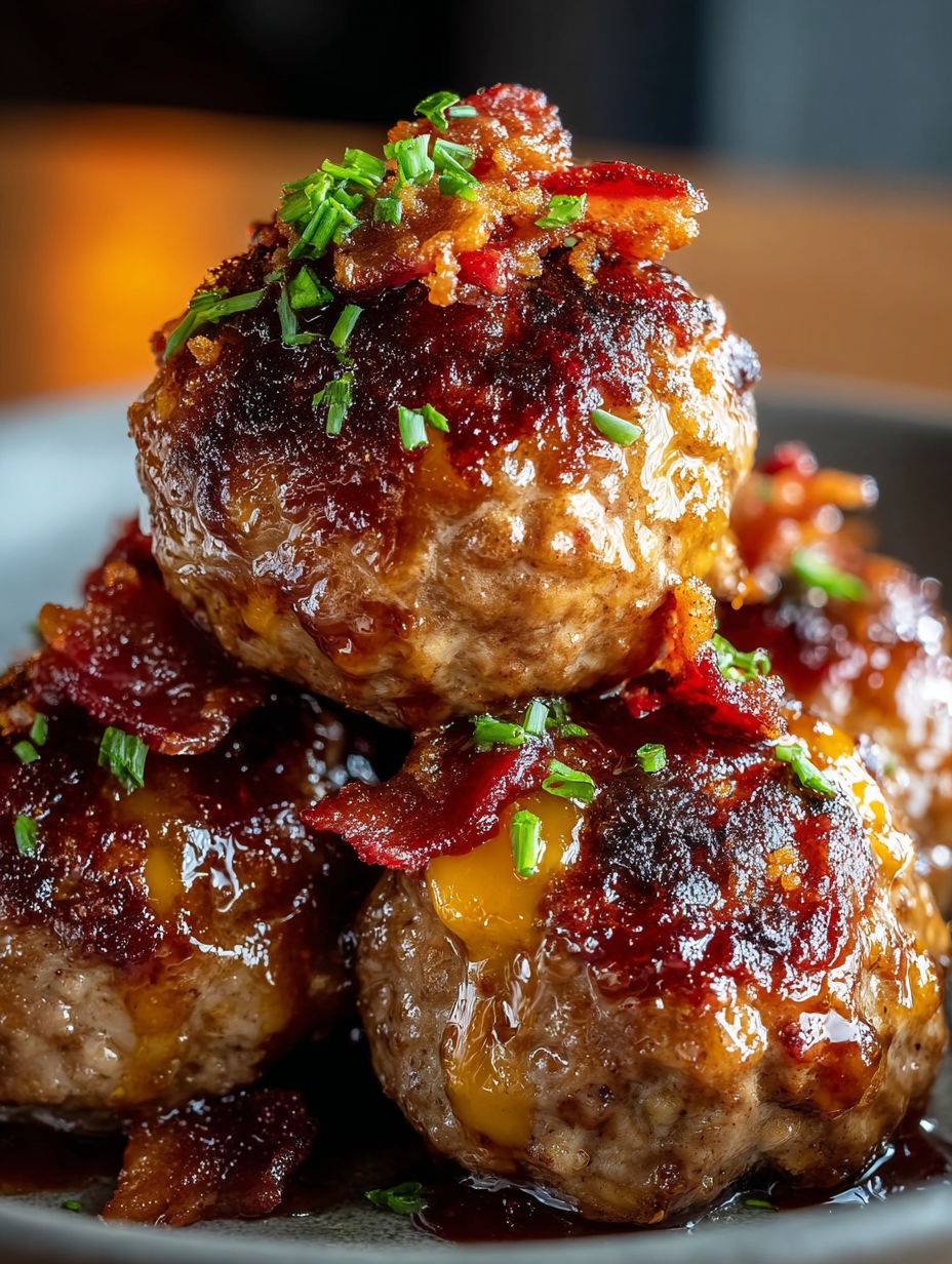 A plate of meatballs covered in bacon and bourbon.