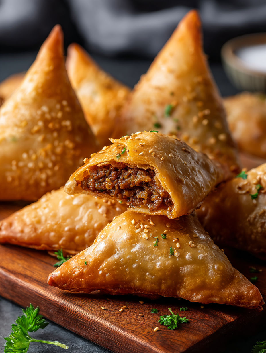 Sambusas on a wooden platter.