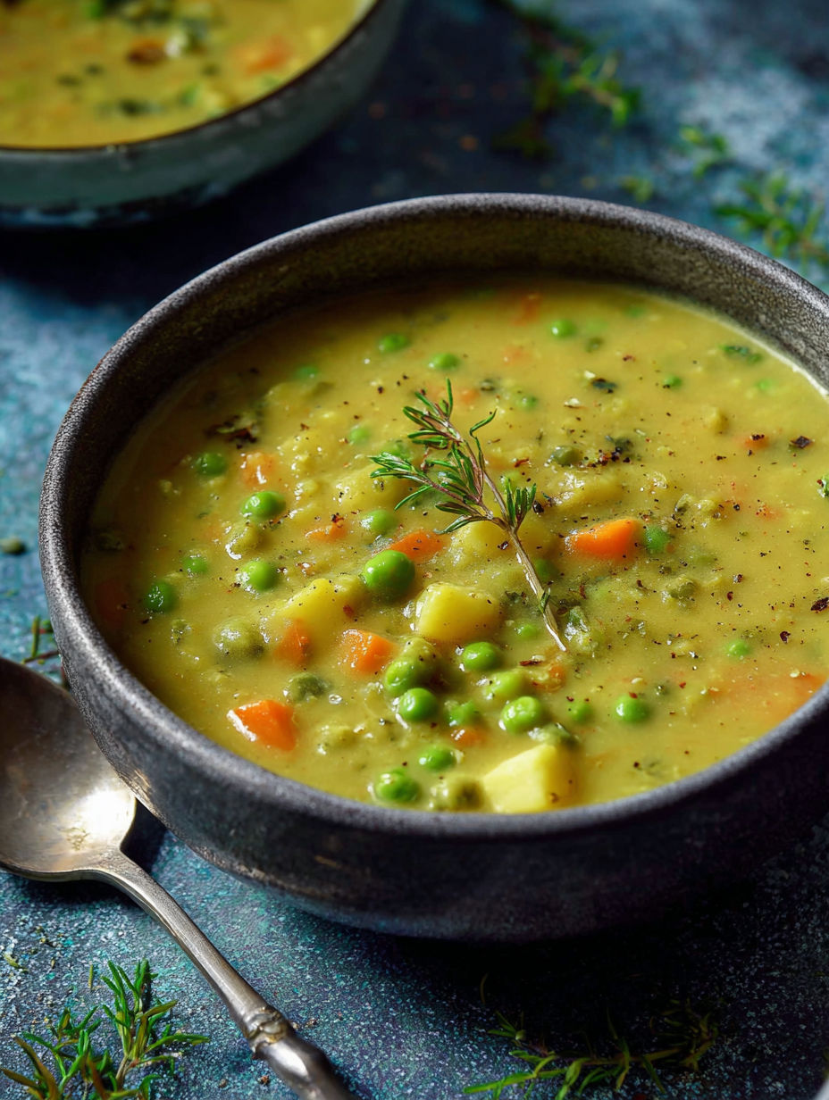 A bowl of soup with peas and carrots.