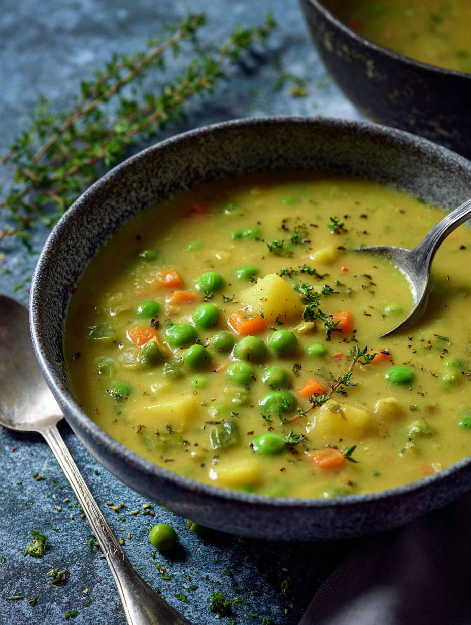 A bowl of soup with peas and carrots.