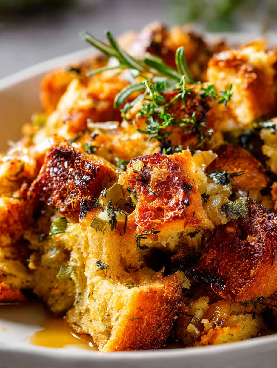A close up of a delicious Thanksgiving stuffing.
