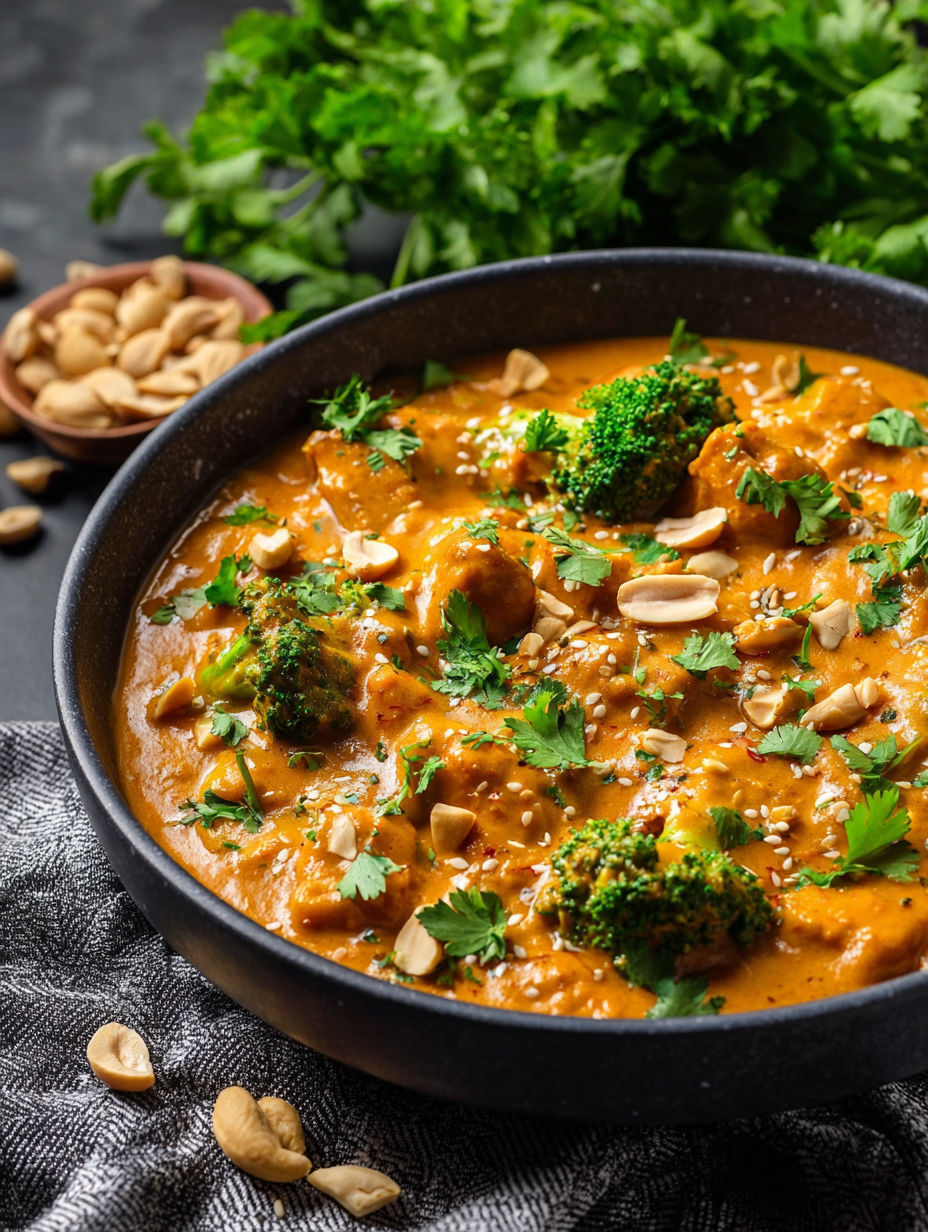 A bowl of peanut butter curry with broccoli and nuts.