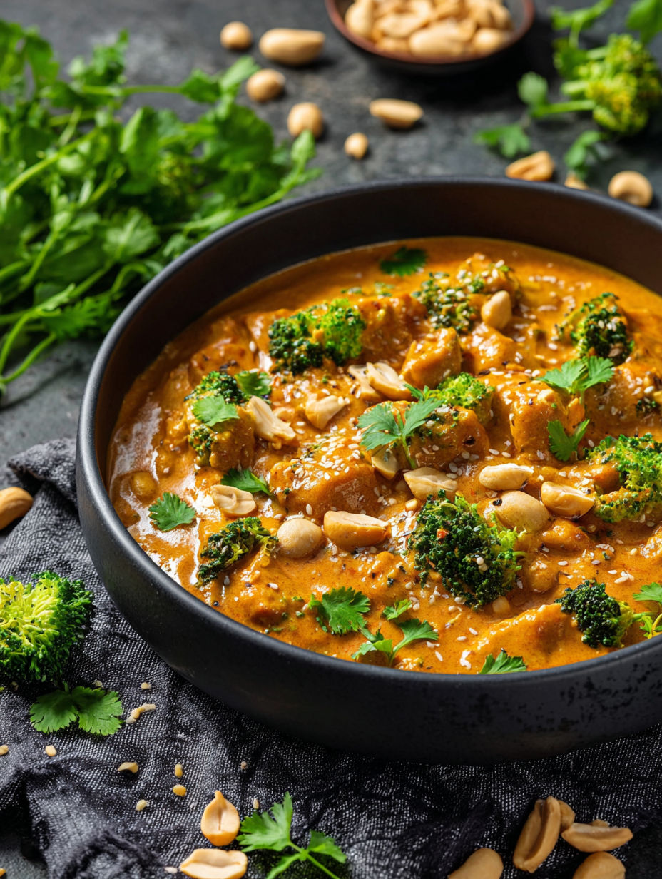 A bowl of peanut butter curry with broccoli and peanuts.