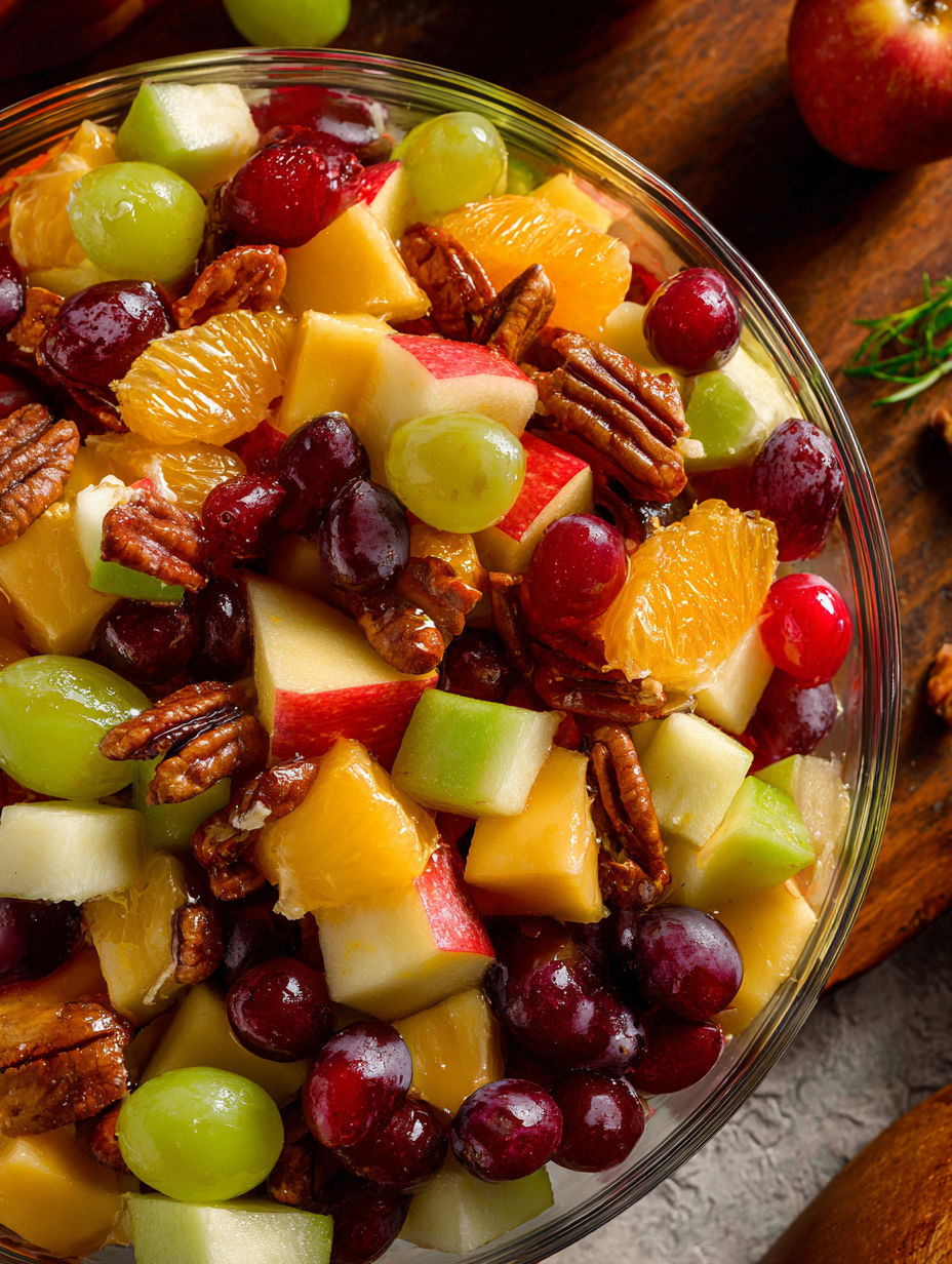 A bowl of fruit salad with grapes, apples, oranges, and pecans.