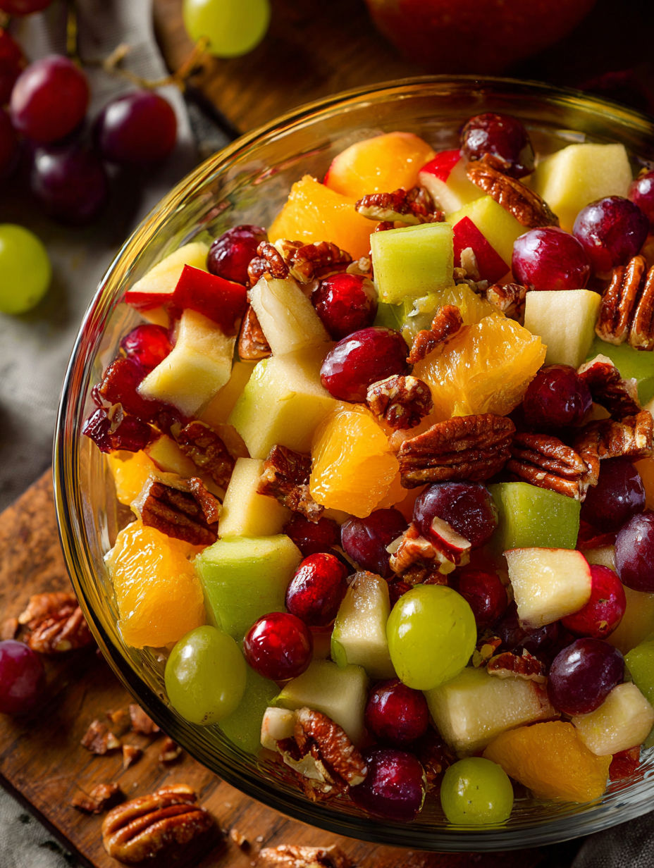 A bowl of fruit salad with a variety of fruits including apples, oranges, and grapes.
