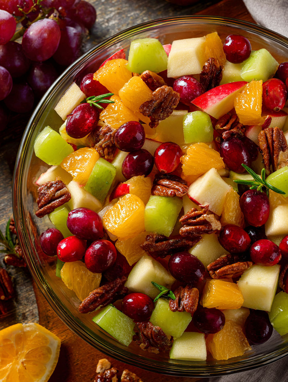 A bowl of fruit salad with a variety of fruits.