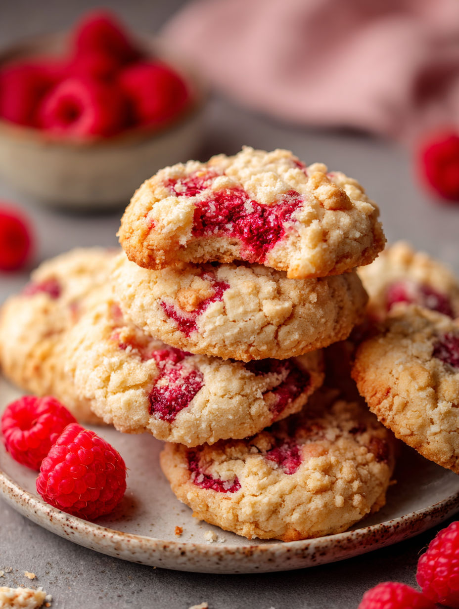 A stack of buttery raspberry crumble cookies.