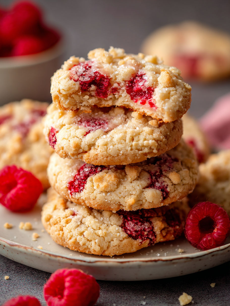 A stack of buttery raspberry crumble cookies.