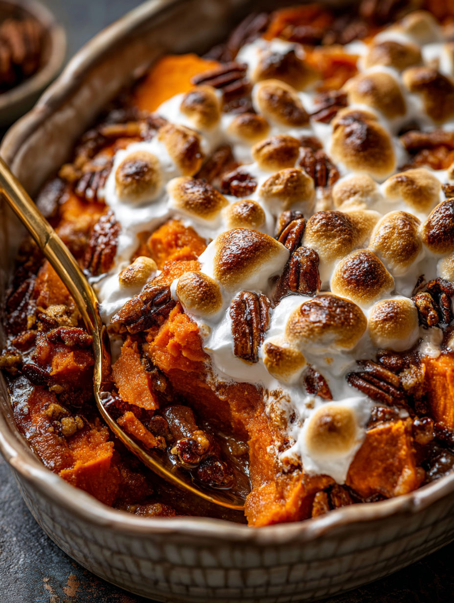 A close up of a delicious Southern Maple Sweet Potato Casserole.