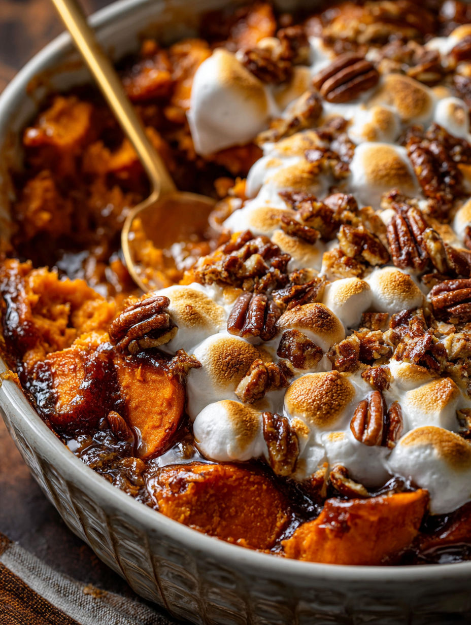A bowl of sweet potato casserole with marshmallows on top.