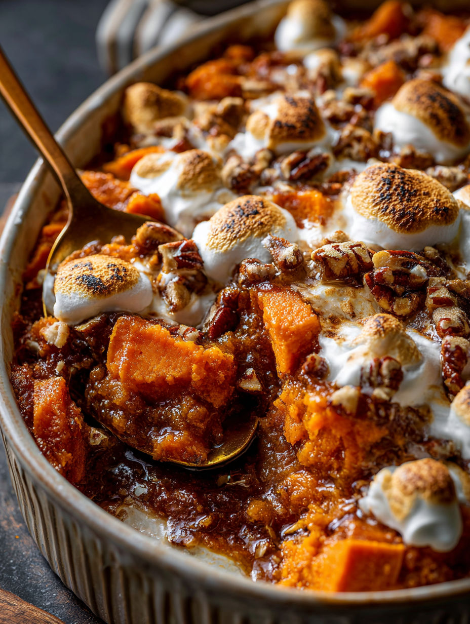 A close up of a delicious Southern Maple Sweet Potato Casserole.