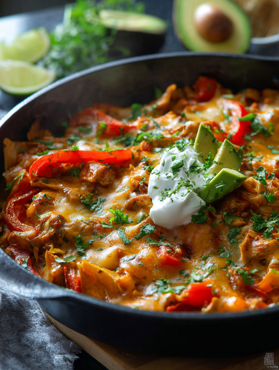 A delicious chicken fajita casserole with a dollop of sour cream on top.