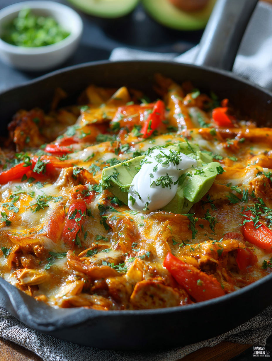 A delicious chicken fajita casserole with a dollop of sour cream on top.