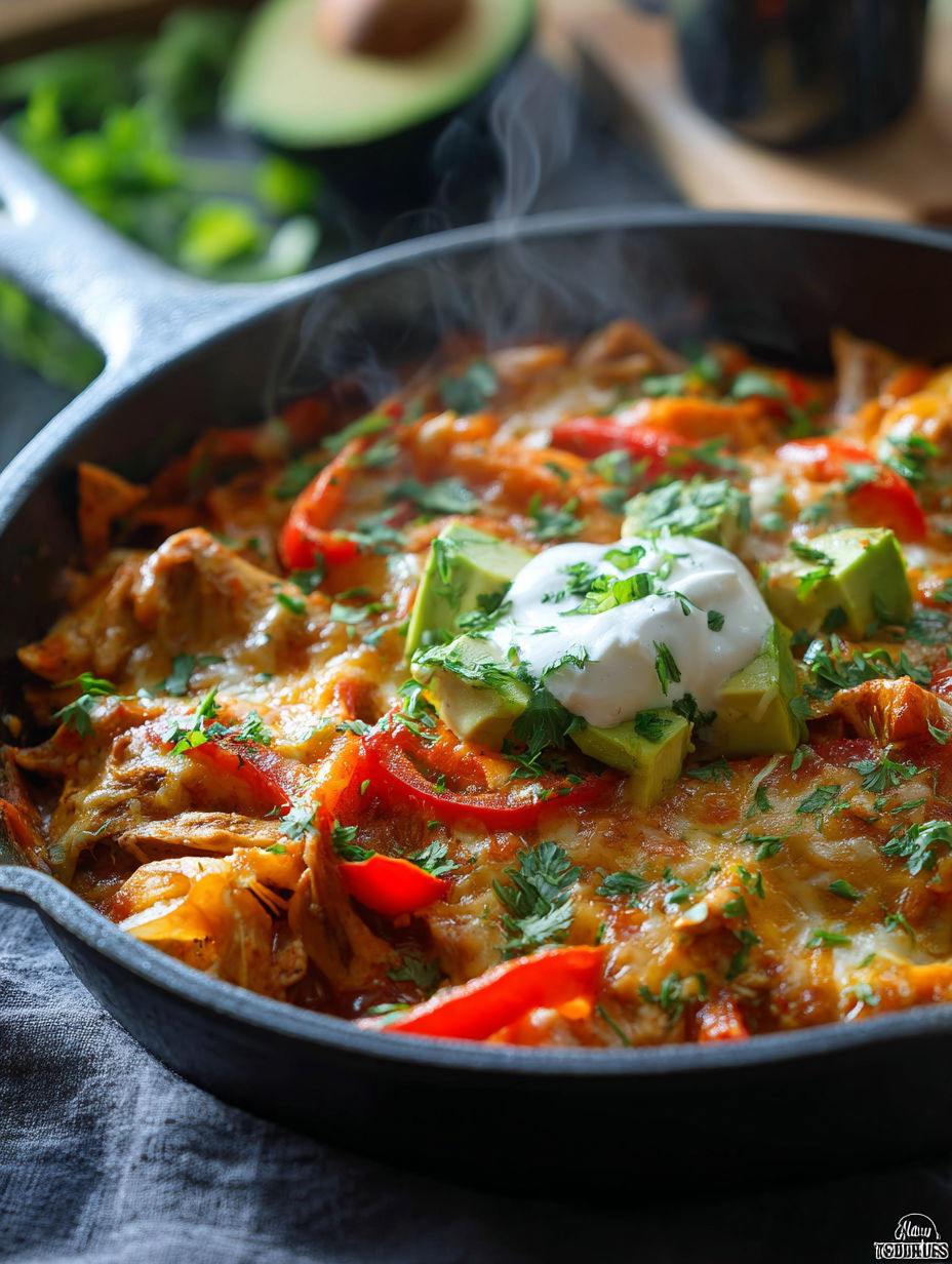 A delicious chicken fajita casserole with peppers and cheese.