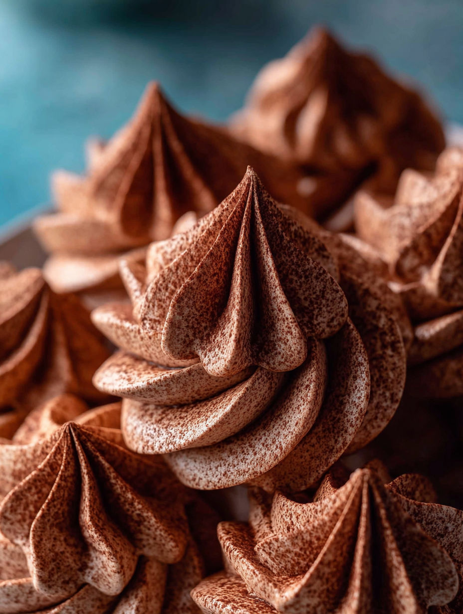 Chocolate meringue cookies with white frosting.
