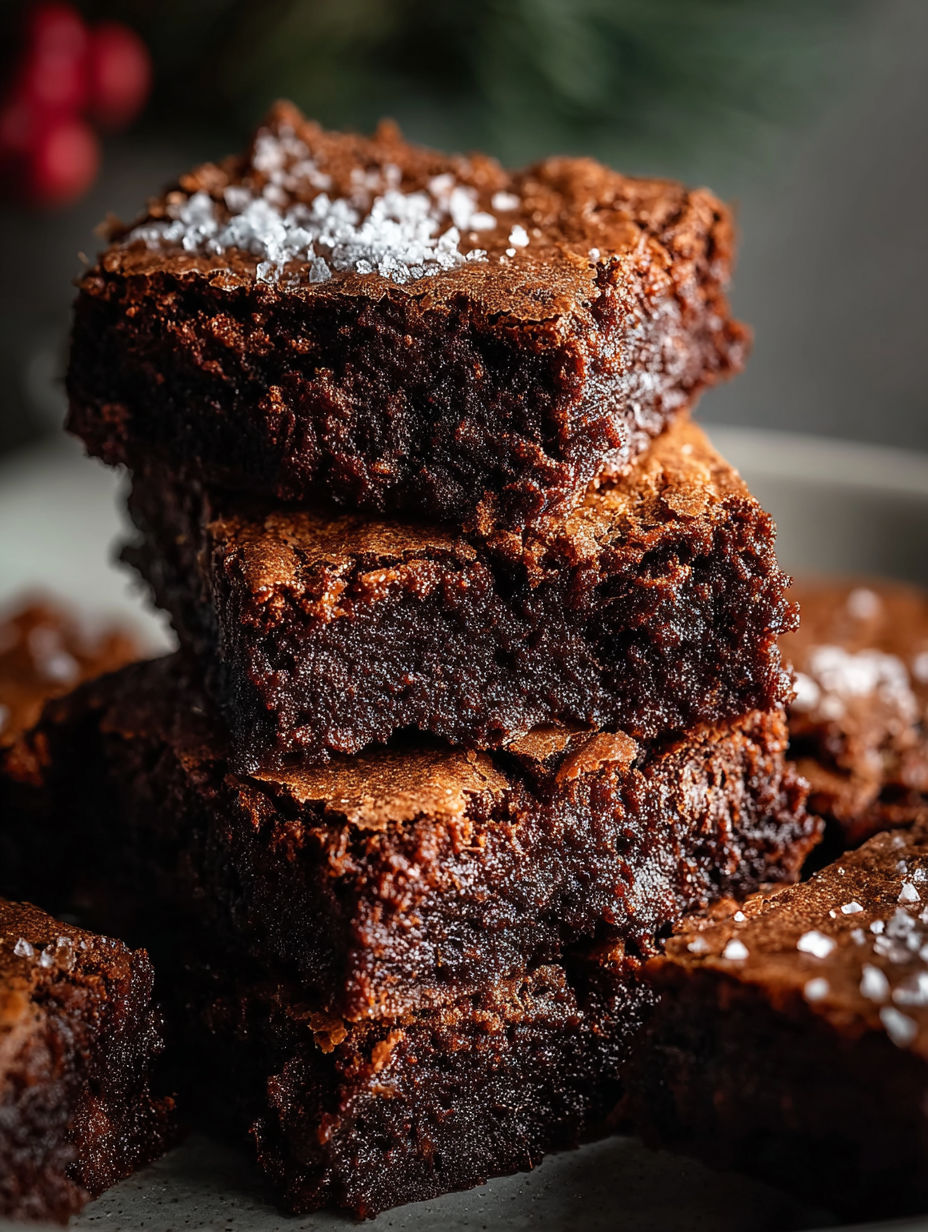 Three stacks of brownies with sugar on top.