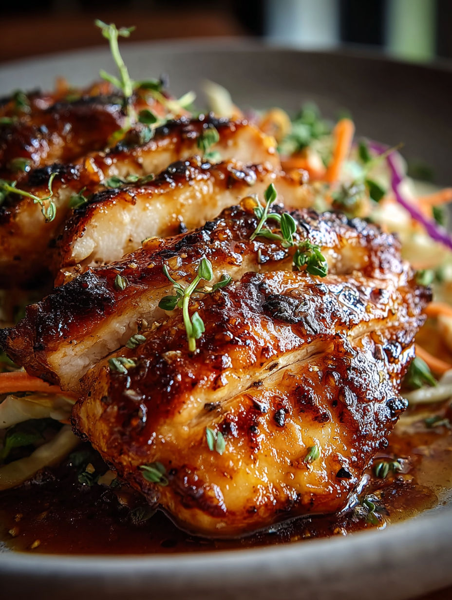 A plate of chicken with a sauce on top.