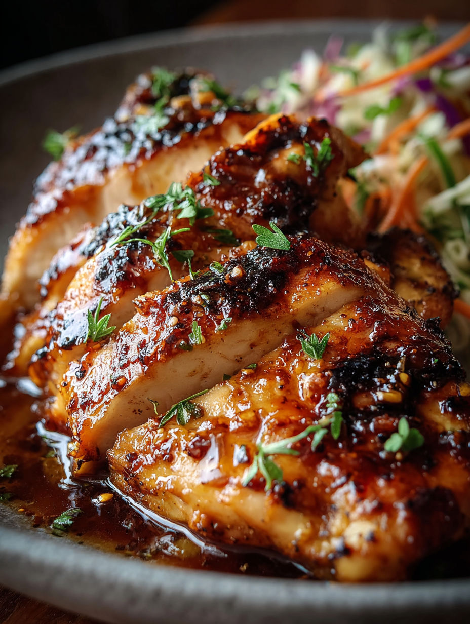 A plate of chicken with a sauce on top.