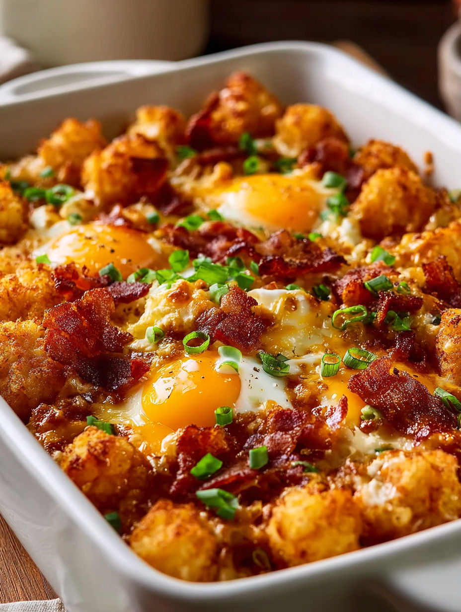 A dish of bacon and eggs tater tot casserole.